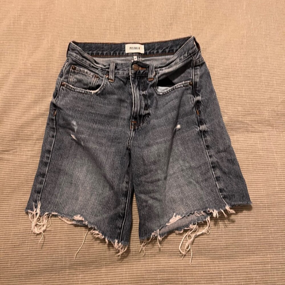Pistola | Long Denim Shorts | Size 24 | Distressed Raw Hem | Medium Wash